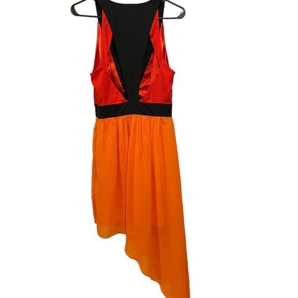 Bebe Orange Black Red Asymmetric High Low Cutout Geometric Colorblock Mini Dress - Picture 5 of 9